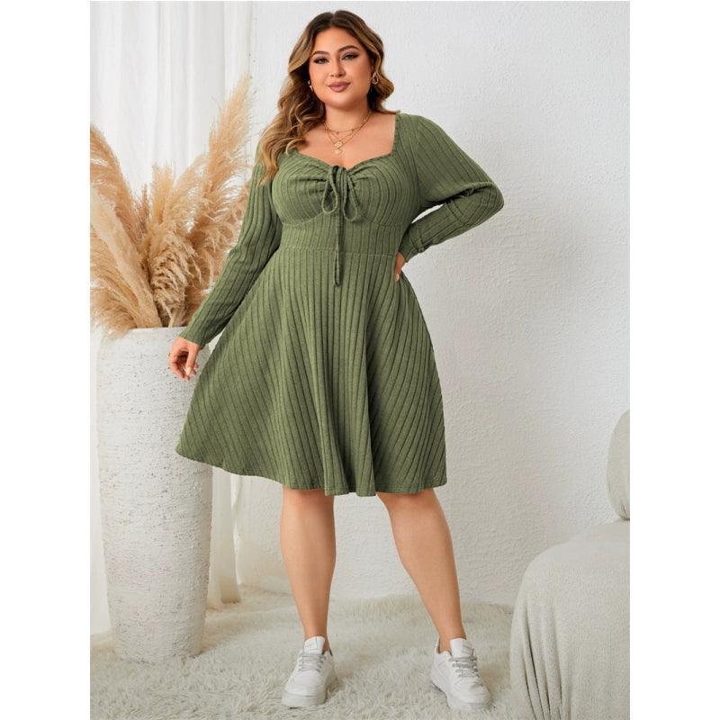 Plus Size Square Neck Long Sleeve Dress - XL-4XL Women's Skirt - ClubOn