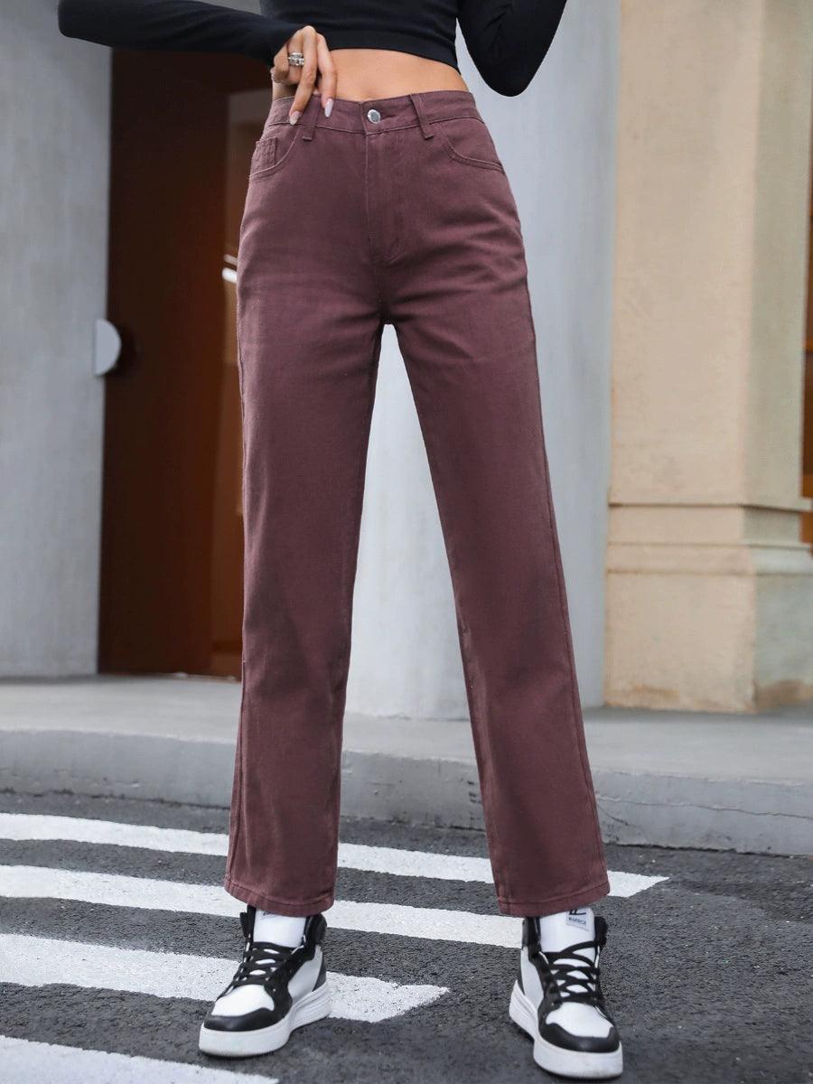 Women's Brown Denim Pants, Fashion Casual Trousers for Girls - ClubOn