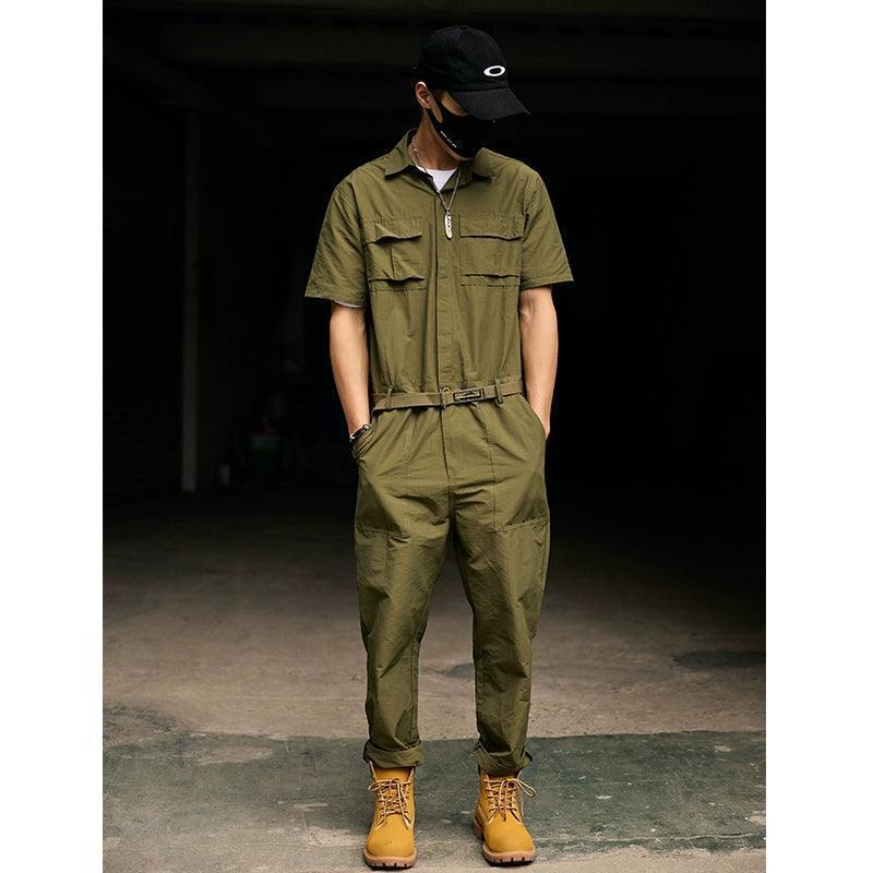 Men’s Retro Nostalgic Workwear Jumpsuit – Summer Thin One-Piece, Short-Sleeved Suit - ClubOn