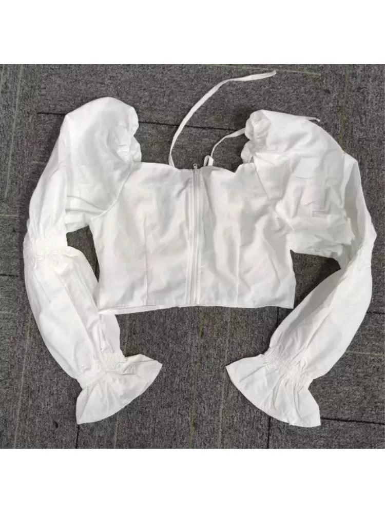 Slim Blouses Women Bow Backless Puff Long Sleeve Crop Top - ClubOn