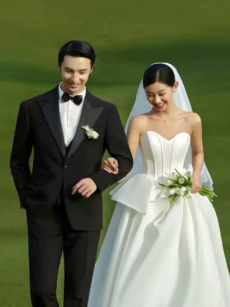 New Bridal Photoshoot Gown - Strapless Outdoor Couple Long Train Satin Wedding Dress - ClubOn