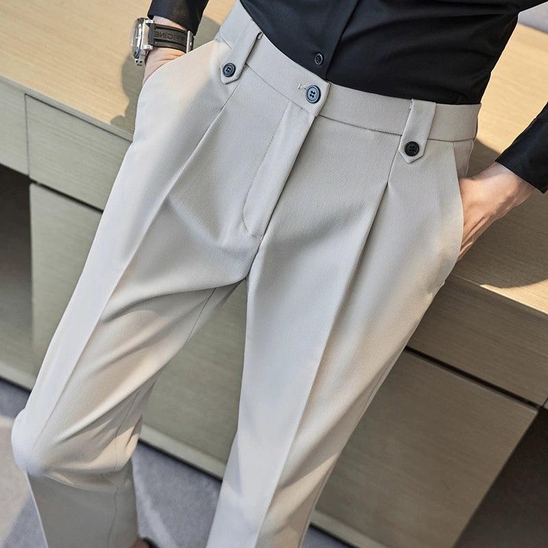 Light Luxury Casual Trousers for Men, High-End Double Pleated Elegant Men's Nine-Point Suit Trousers, Trendy Light Mature Style - ClubOn
