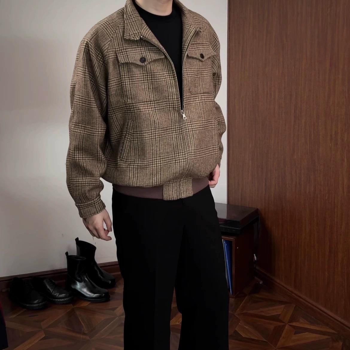 Oclin Prince of Wales Houndstooth Harrington Wool Jacket – 48% Wool - ClubOn