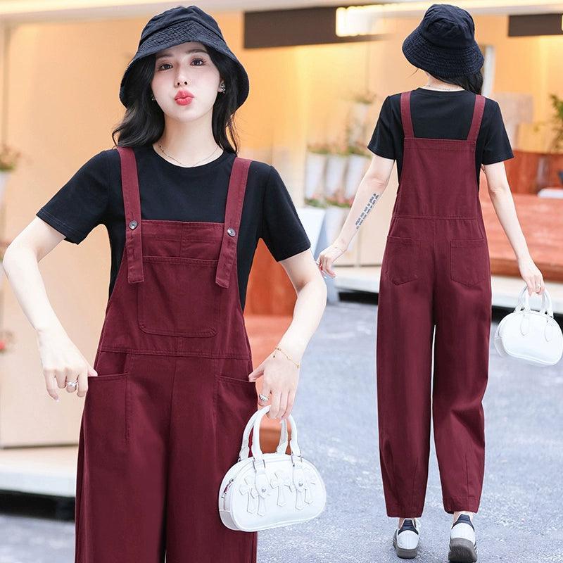 Fashionable Retro Red Denim Overalls for Women - ClubOn