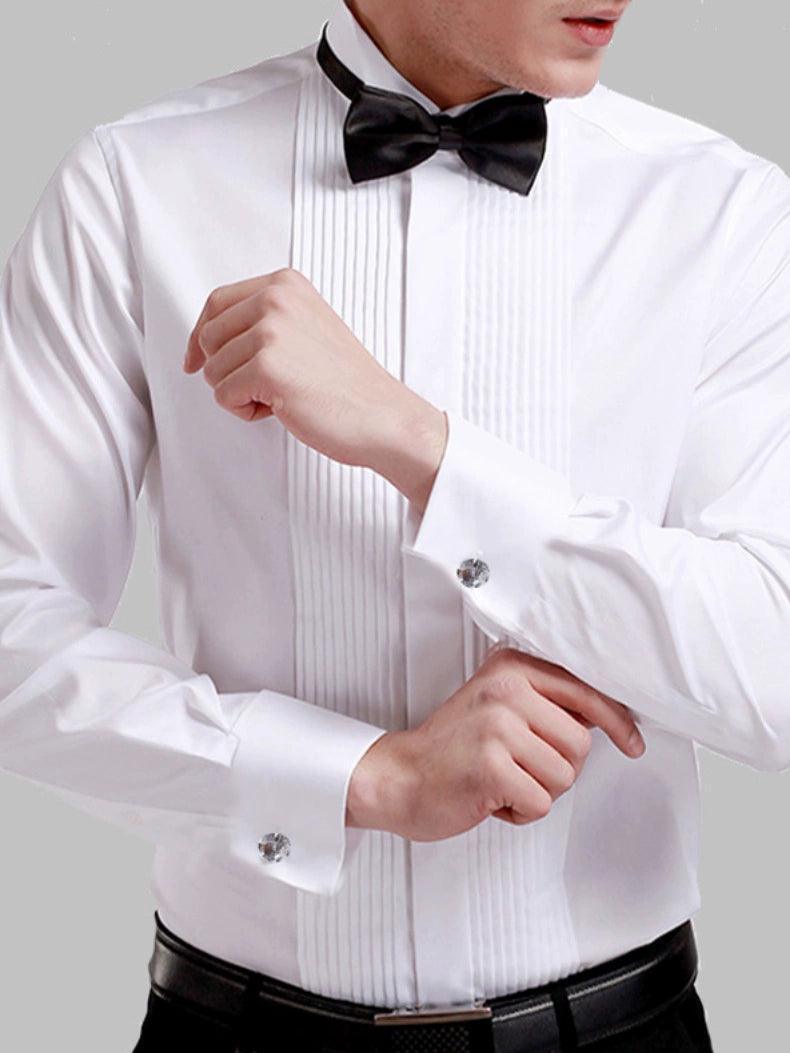 White Long-Sleeved Shirt for Men – Slim Fit, Formal, Stage, and Business, with Bow Tie - ClubOn