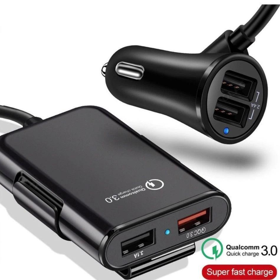Multifunctional USB Car Charger for Front & Rear Seats – 4-Port Fast Charging with Extension Cable - ClubOn