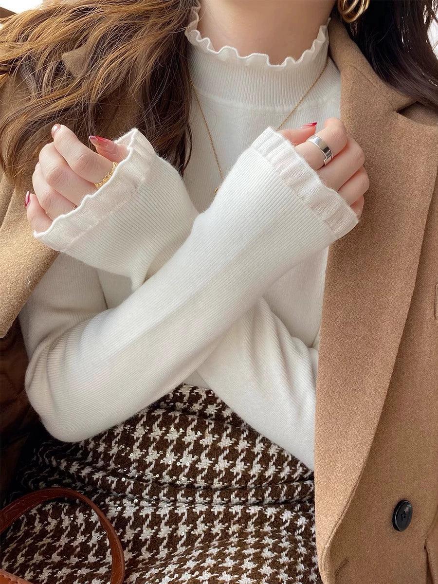 Lace-Edged Half Turtleneck Knitted Top for Women - ClubOn