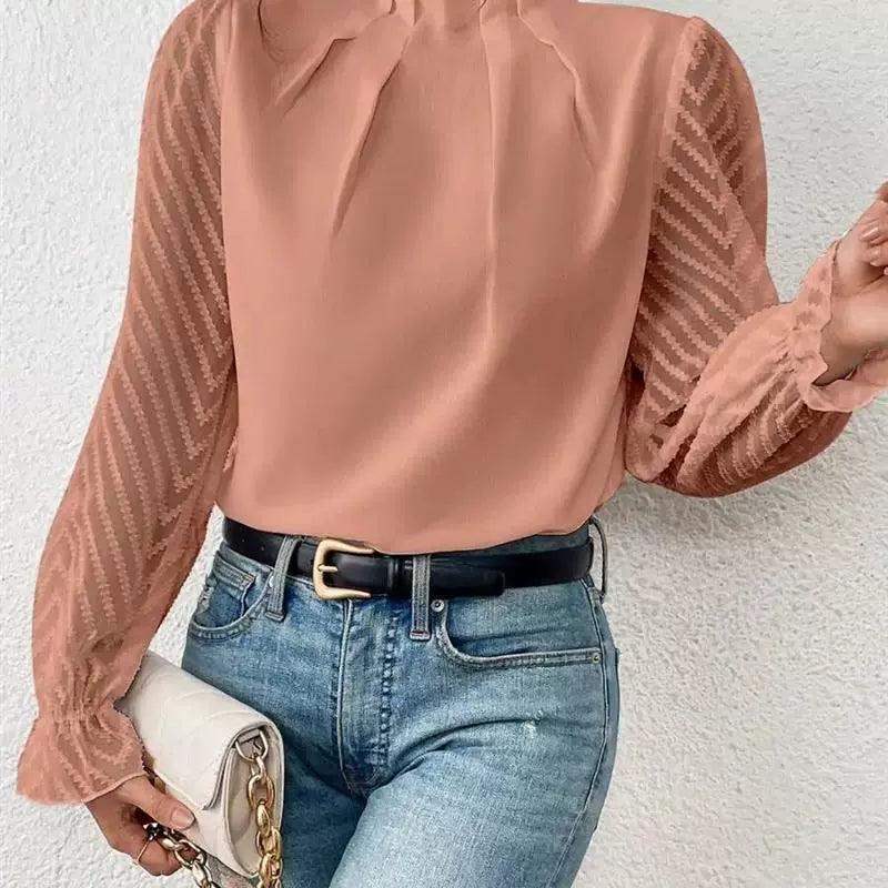 Elegant Women’s Shirt Blouse – Office Lady Autumn Half High Neck - ClubOn