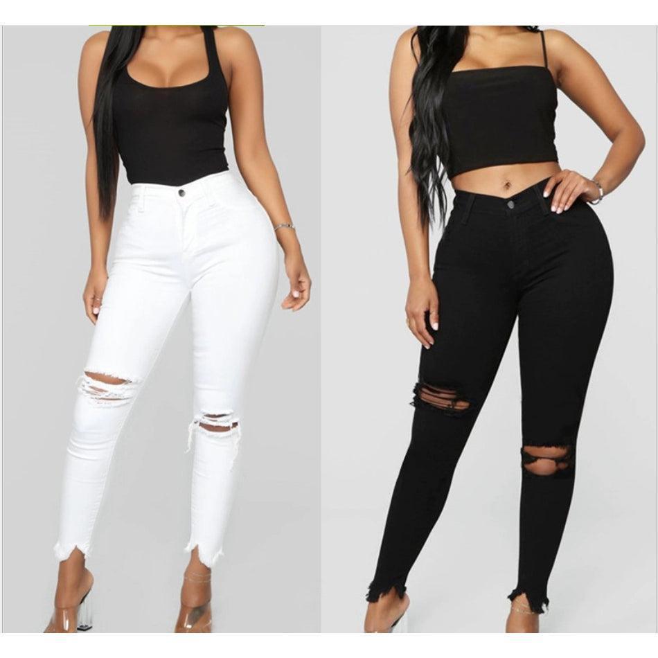 Super Elastic Black Jeans for Women with Fashion Holes - ClubOn