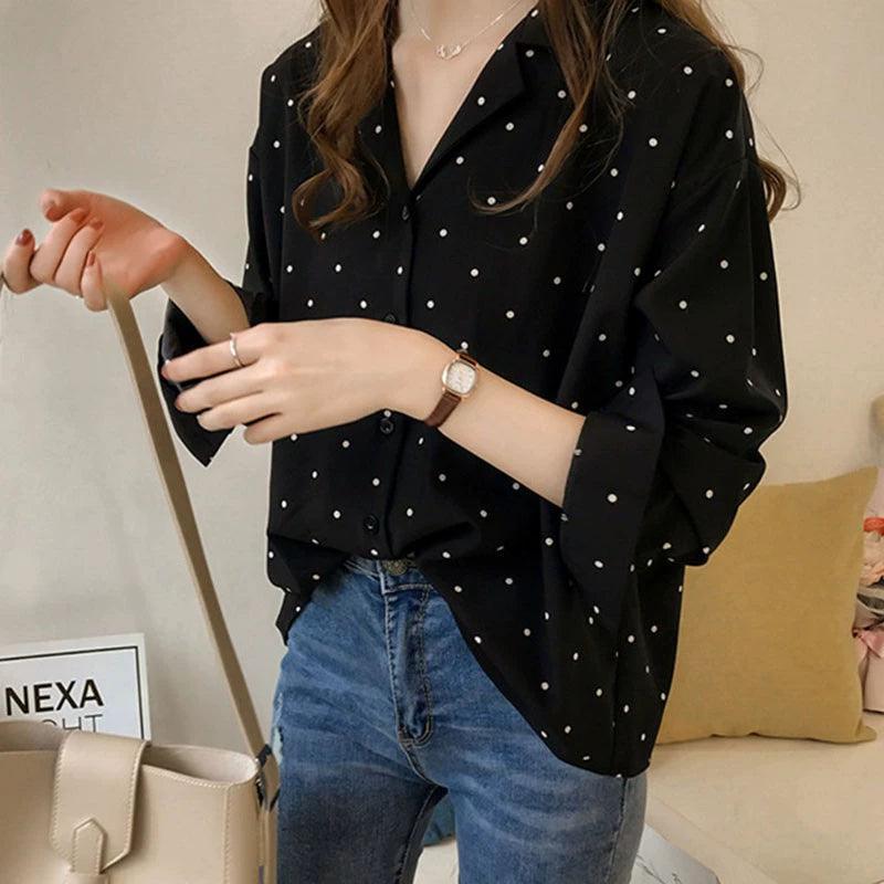 Dots Shirt Women Top Casual V-Neck Long Sleeves Blouses - ClubOn