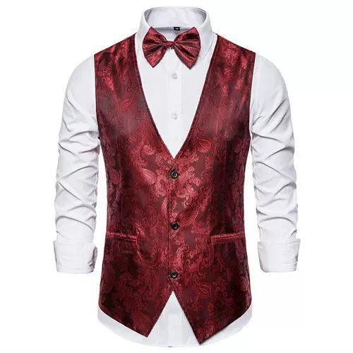 Wine Red Jacquard Suit Vest Men's Business Banquet Wedding Party - ClubOn