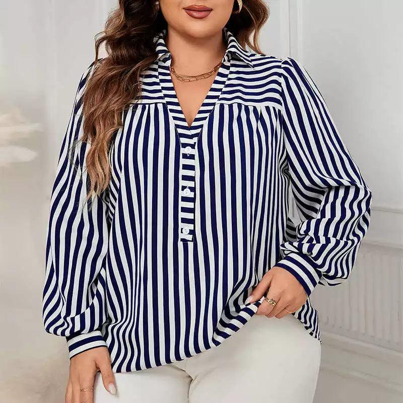 Plus Size Women's Shirt, Autumn Fashion Stripes Loose Tops - ClubOn