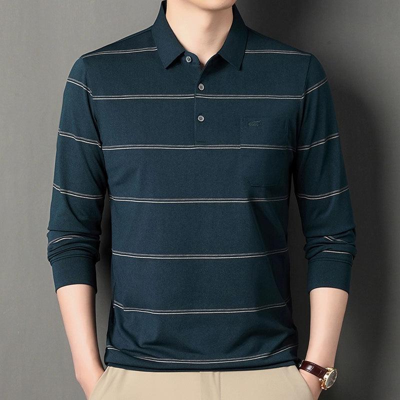 Men’s Long-Sleeved Polo Shirt – Striped Flip Collar Top for Spring & Autumn - ClubOn