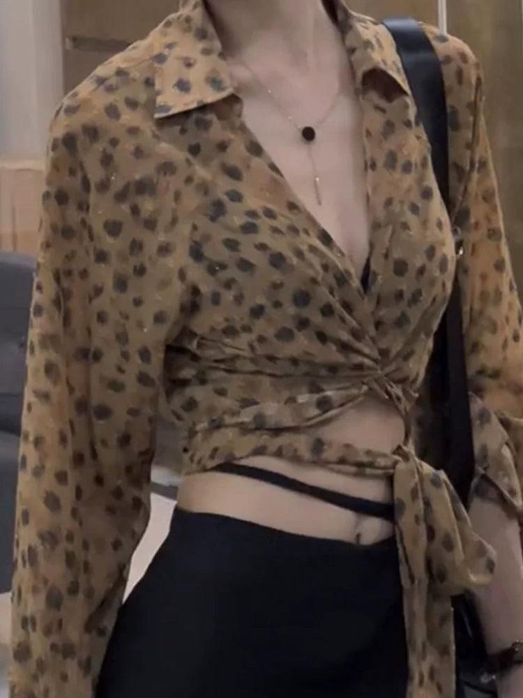 Hong Kong Retro Cross-Strap Leopard Print Shirt for Women - ClubOn