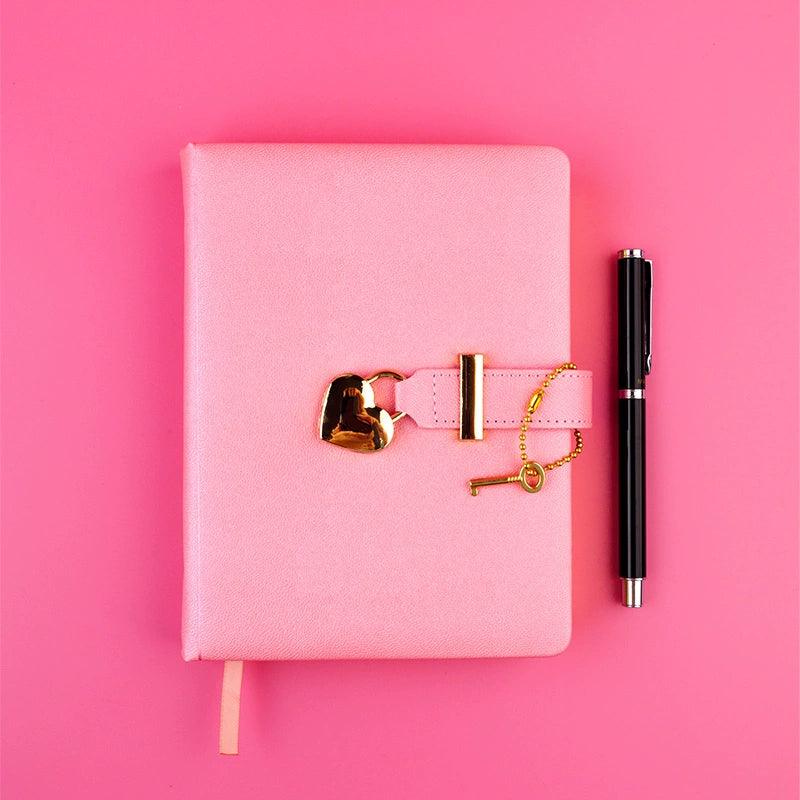 B6 Cute Heart Lock Notebook – Gold Stamping Pink Notepad - ClubOn