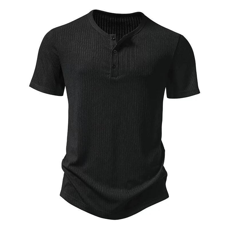 Summer Retro Solid Color Three-Button Henry Collar Short Sleeve T-Shirt Men's T-Shirt - ClubOn