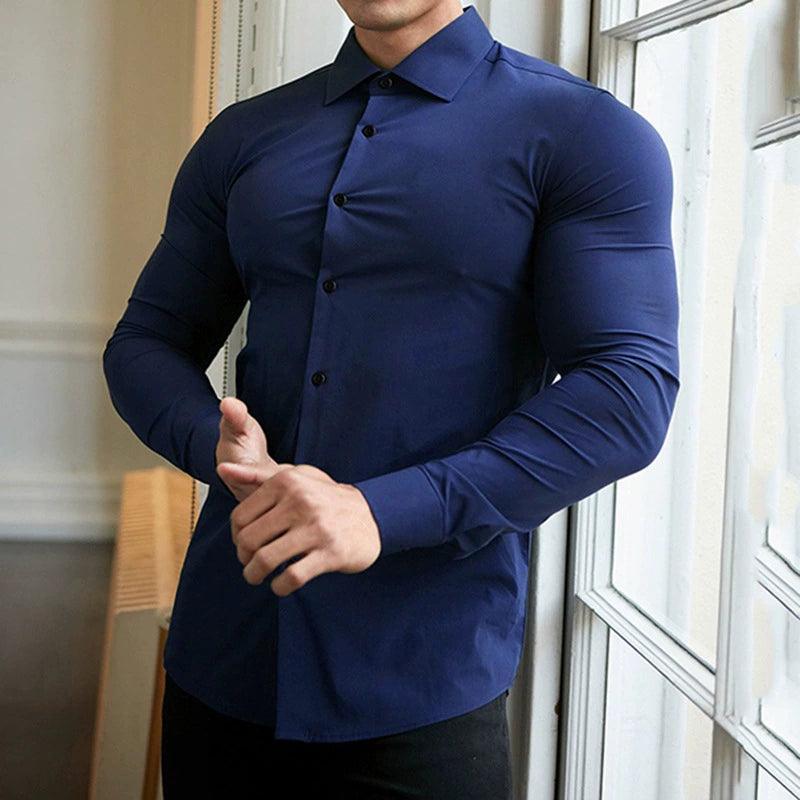 Autumn Men's Casual Solid Color Shirts - Large Size Muscle Fitness Long-Sleeved Shirts - ClubOn