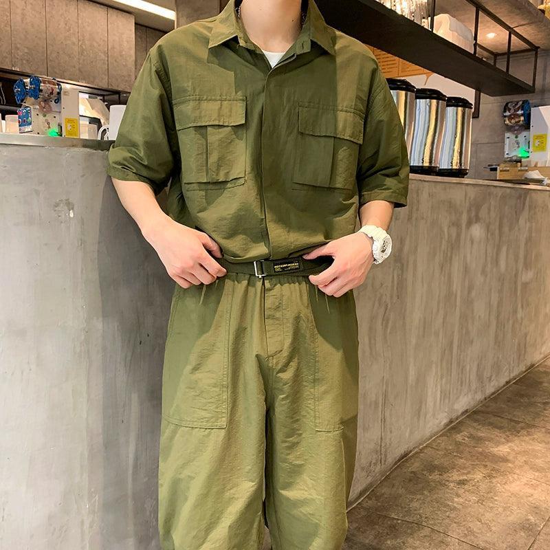 Men’s Retro Workwear Jumpsuit – Short Sleeve Belted Nine-Point Pants - ClubOn