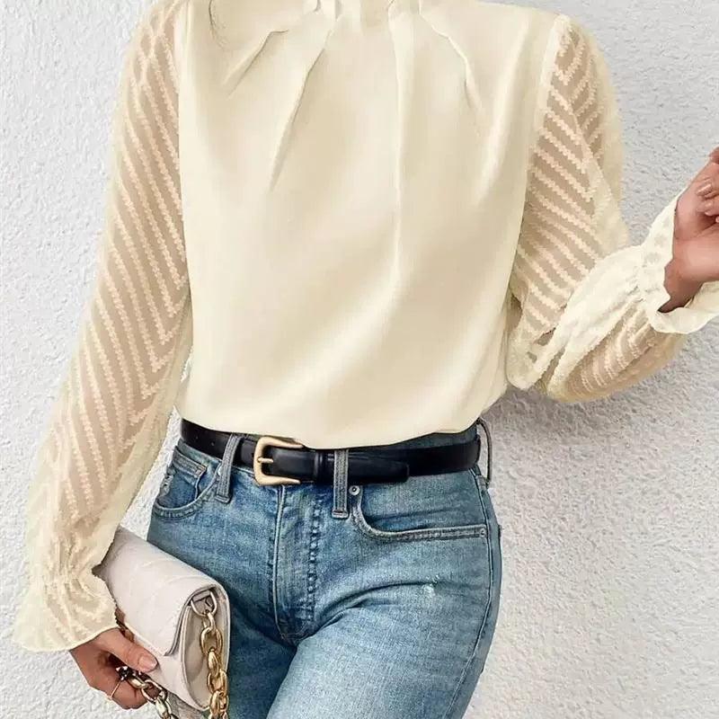 Elegant Women’s Shirt Blouse – Office Lady Autumn Half High Neck - ClubOn