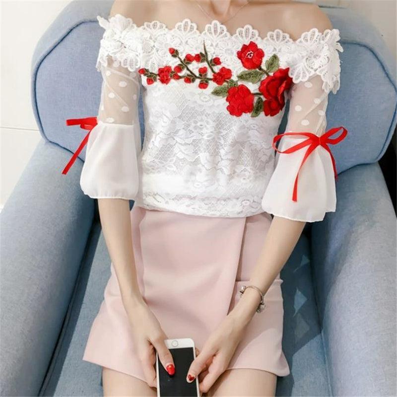 New Summer Women's Shirt, Sweet Floral Lace Blouse Flare Sleeve - ClubOn