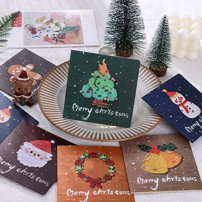 6pcs Oil Painting Style Square Christmas Cards – Festive Postcards - ClubOn