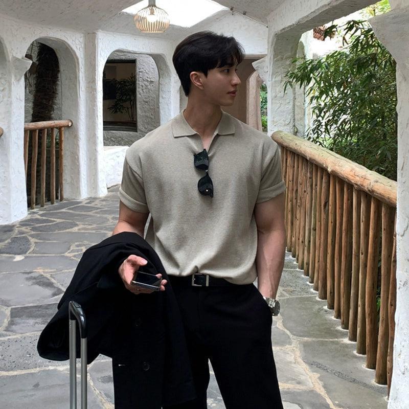 Men’s Summer Knitted Polo Shirt – Loose Fit V-Neck Short-Sleeved Top - ClubOn