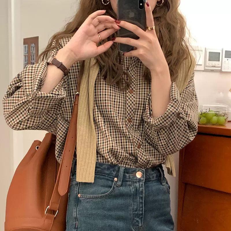 Plaid Shirts Women – Retro Turn-Down Collar Blouses, All-Match Style - ClubOn