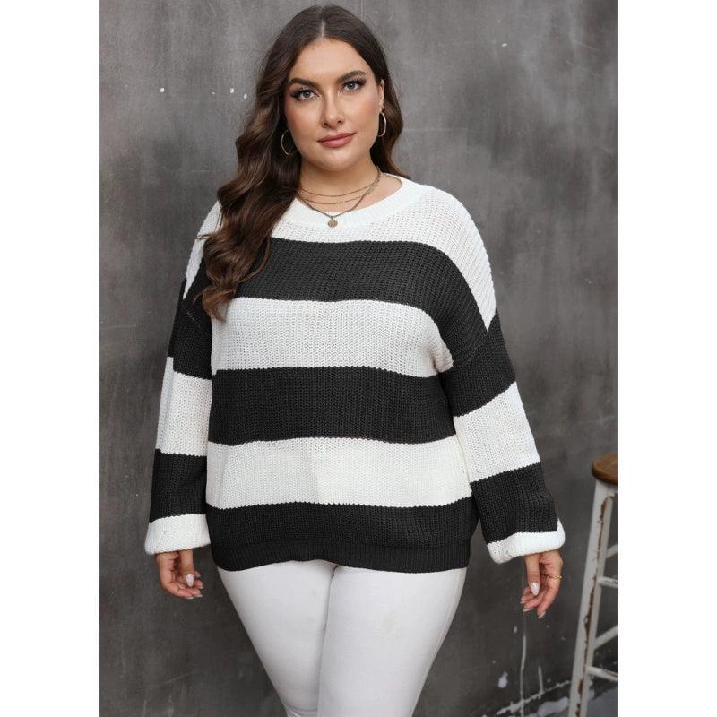 Plus Size Striped Woven Sweater - L-3XL Women's Tops - ClubOn