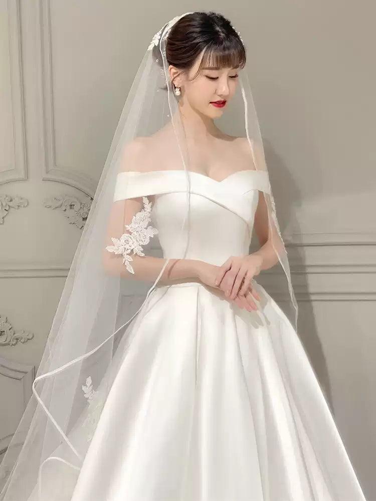 Off-Shoulder Bridal Gown - Vintage Satin Floor-Length Dress for Petite Brides, Simple Summer Photoshoot Gown - ClubOn