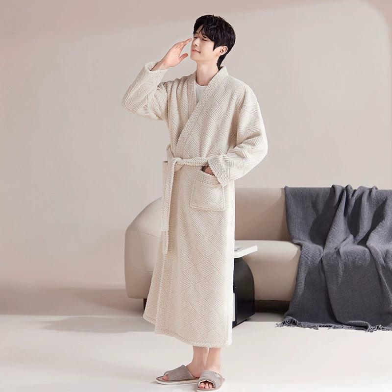 Half-Edge Velvet Nightgown Men's Autumn and Winter Thick Coral Fleece Pajamas Bathrobe - Long Home Clothes Large Size Morning Robe - ClubOn