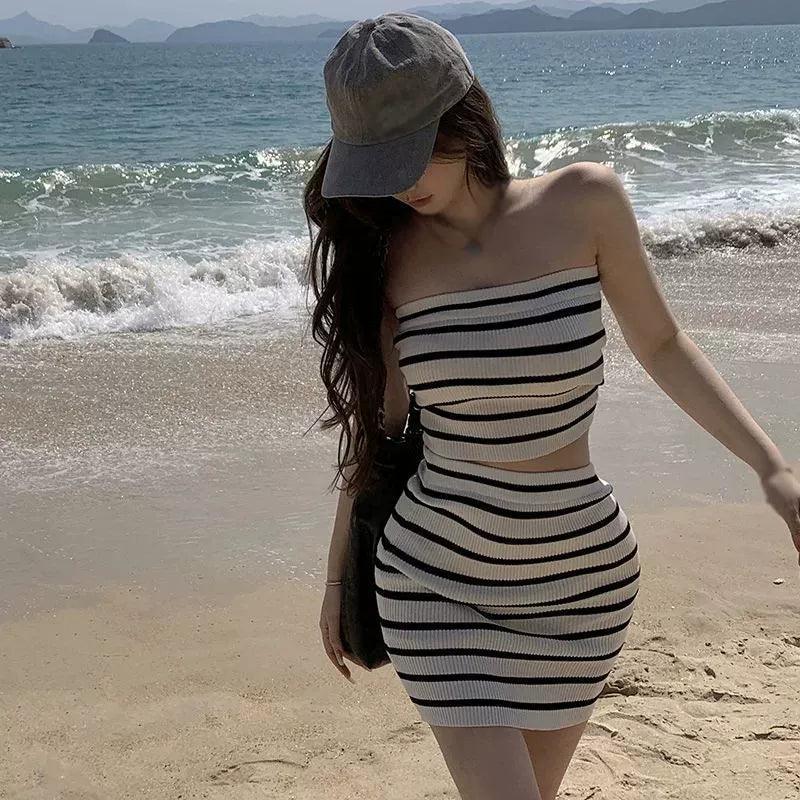 Women’s Summer Two-Piece Knit Set - Top & High Waist Skirt - ClubOn