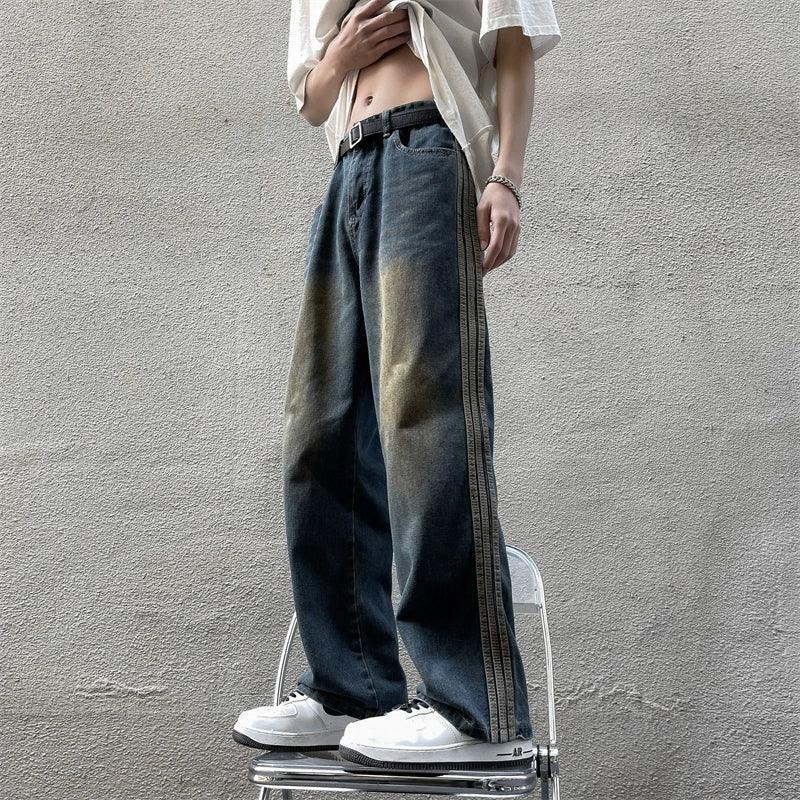Men’s Summer Three-Bar Striped Wide-Leg Jeans - Vintage Loose Fit - ClubOn