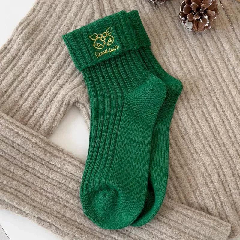 Cartoon Christmas Socks for Women – Embroidered Cotton Design - ClubOn