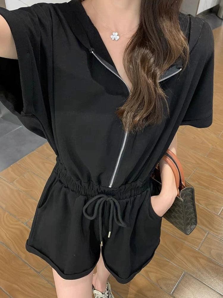 Summer French Style High Waist Hooded Jumpsuit for Women - ClubOn
