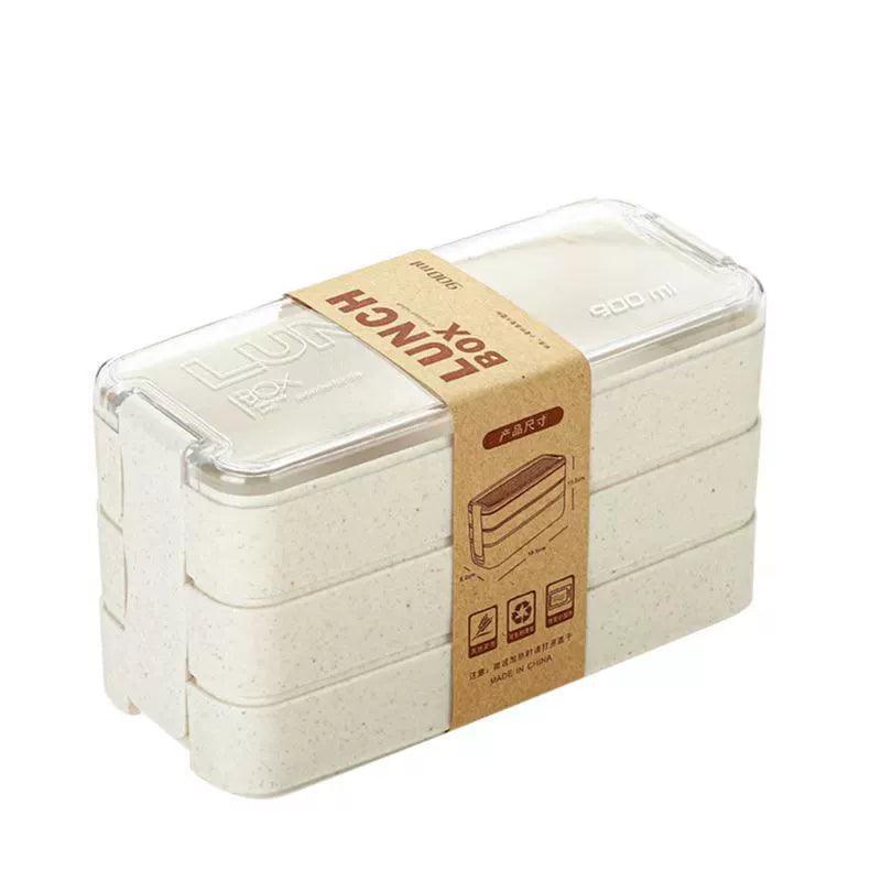 Three-Layer Wheat Straw Plastic Lunch Box with Tableware - ClubOn