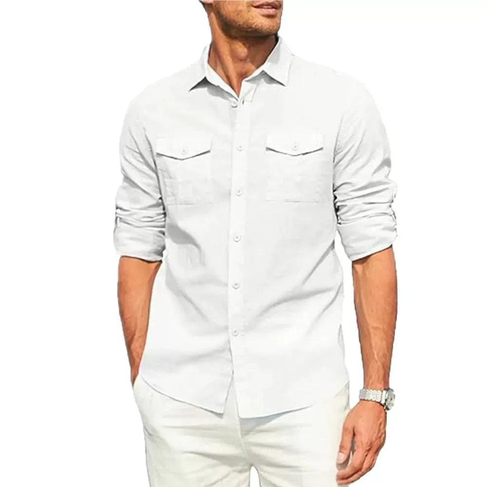Men's Shirt Double Pocket Cotton Linen Long Sleeve Casual Shirt - ClubOn