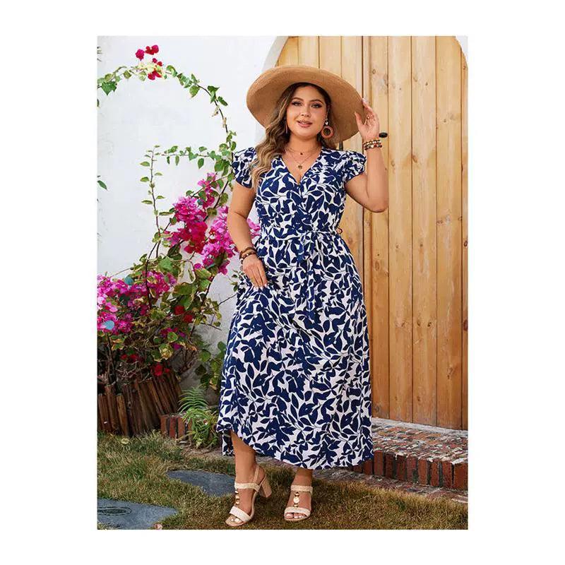 Plus Size V-Neck Waist Dress - XL-4XL Ladies' Skirt - ClubOn