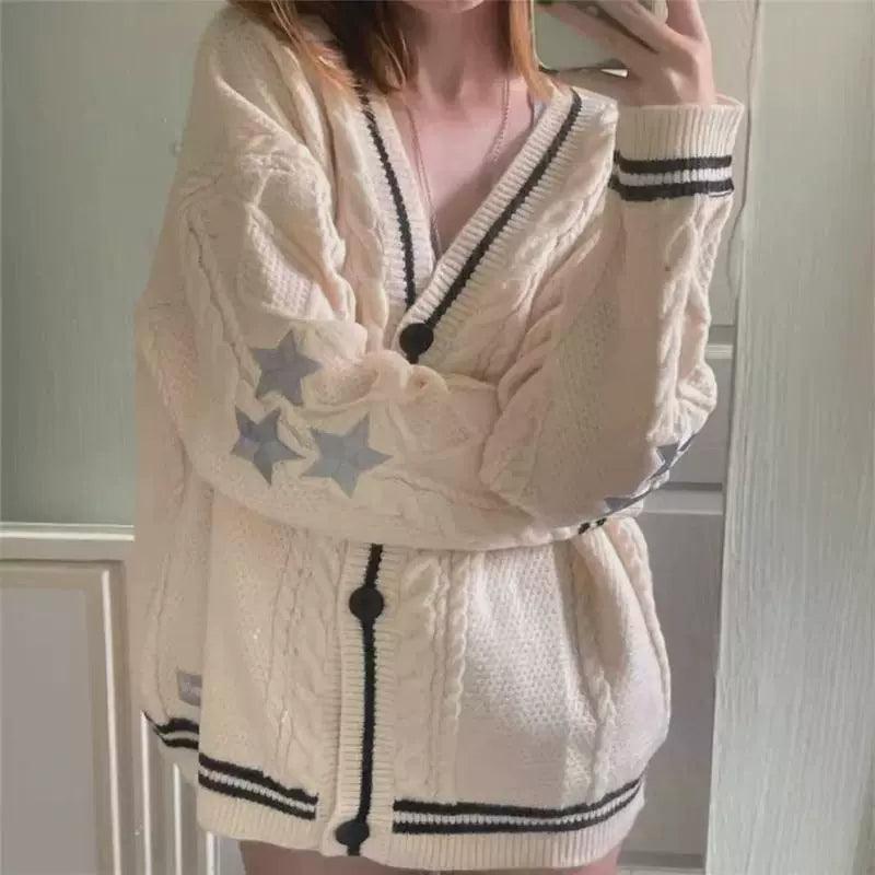 Star Embroidery Loose Cardigan Women Vintage Autumn - ClubOn