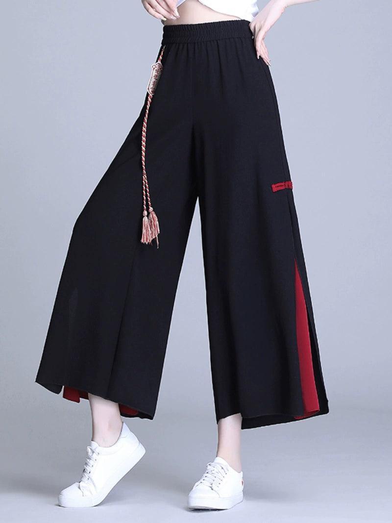 Black Chiffon Wide-Leg Pants for Women – Summer Ethnic Style - ClubOn