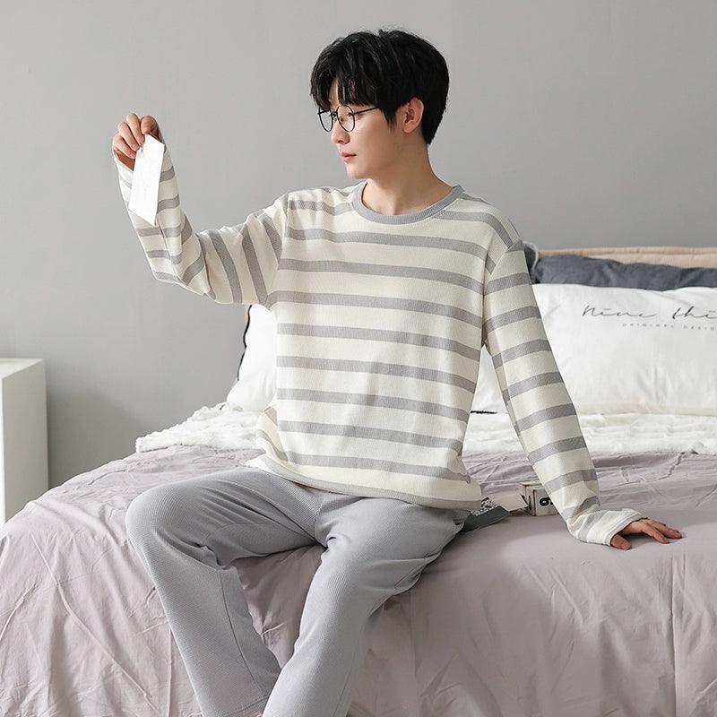 Men’s Cotton Pajamas – Spring & Autumn Long Sleeve Pullover, Large Size - ClubOn