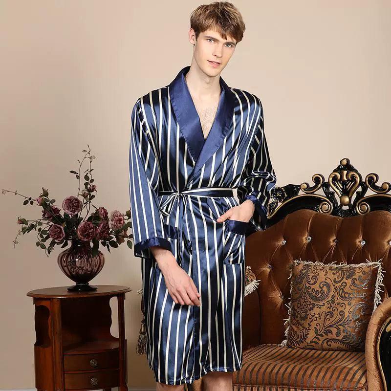 Men’s Silk Pajamas Long Sleeve Bathrobe – Striped Nightgown for Men - ClubOn
