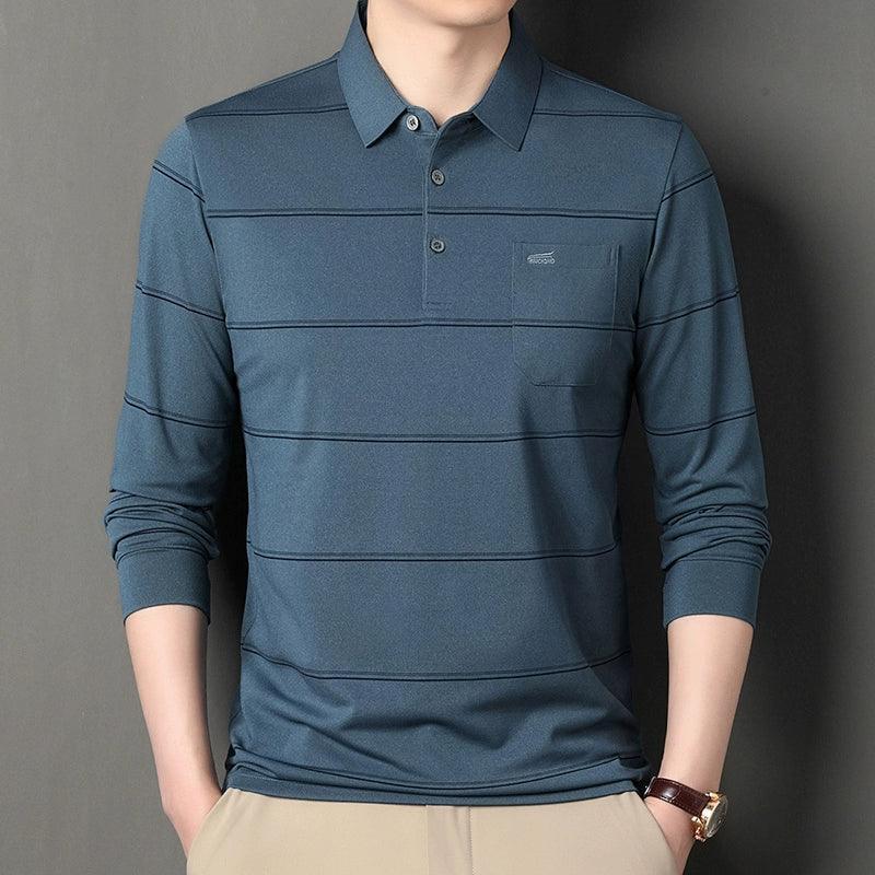 Men’s Long-Sleeved Polo Shirt – Striped Flip Collar Top for Spring & Autumn - ClubOn
