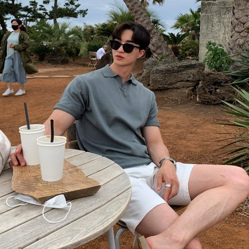 Men’s Summer Knitted Polo Shirt – Loose Fit V-Neck Short-Sleeved Top - ClubOn