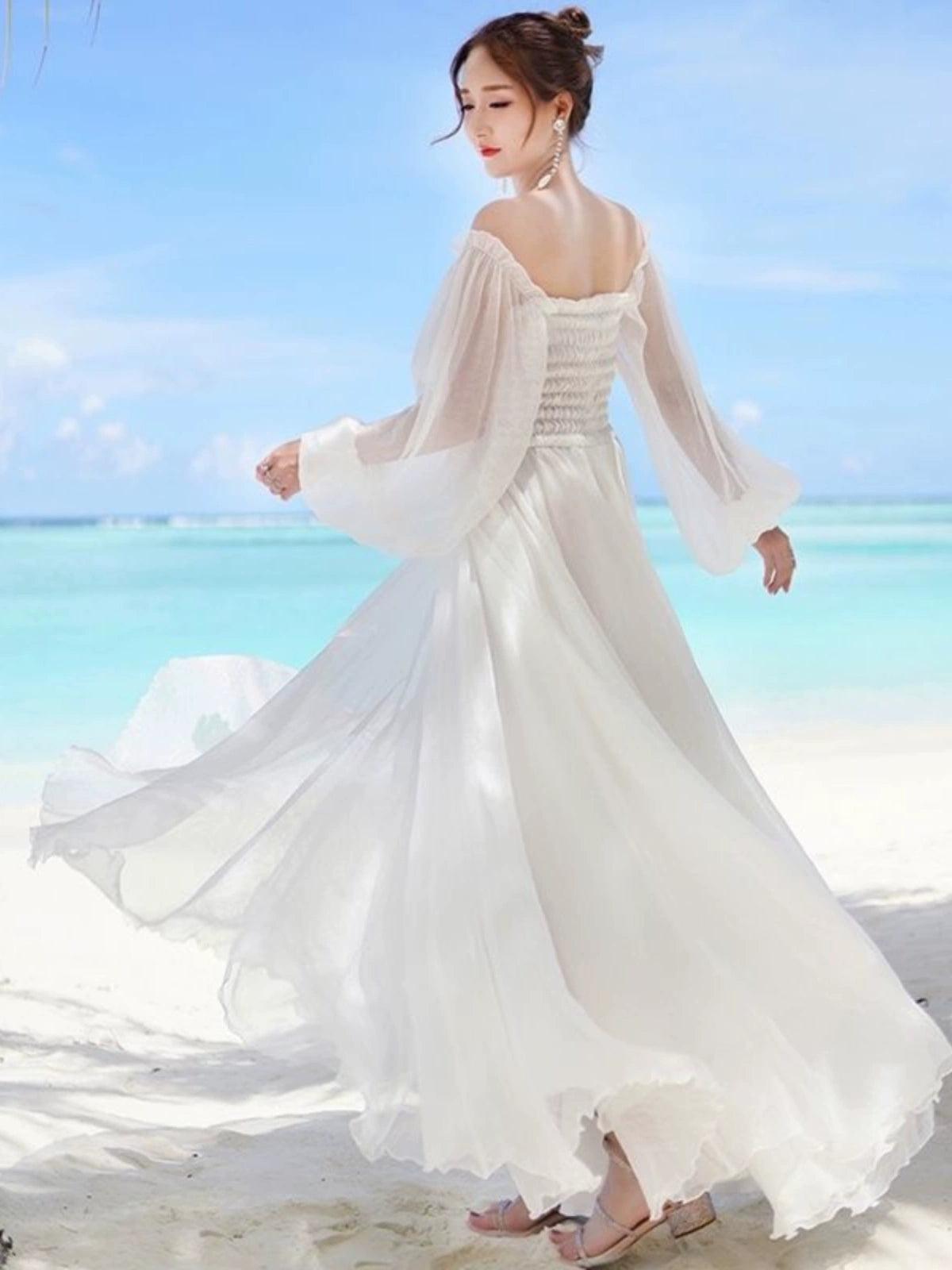 Resort Dress, White Off-Shoulder Chiffon Beach Long Dress - ClubOn
