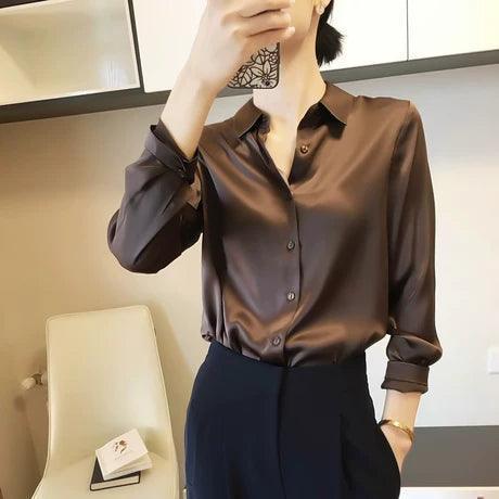 European Coffee Color Acetate Imitation Silk Shirt - ClubOn