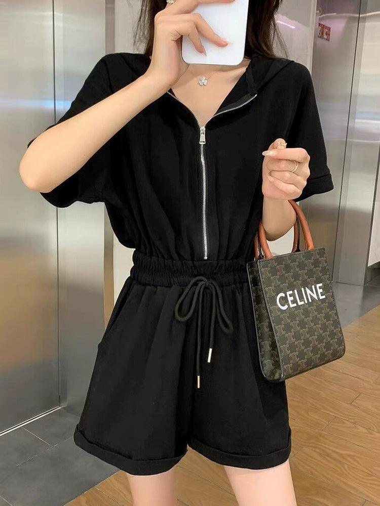 Summer French Style High Waist Hooded Jumpsuit for Women - ClubOn