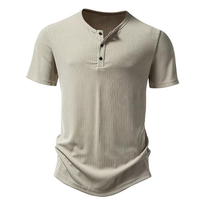 Summer Retro Solid Color Three-Button Henry Collar Short Sleeve T-Shirt Men's T-Shirt - ClubOn