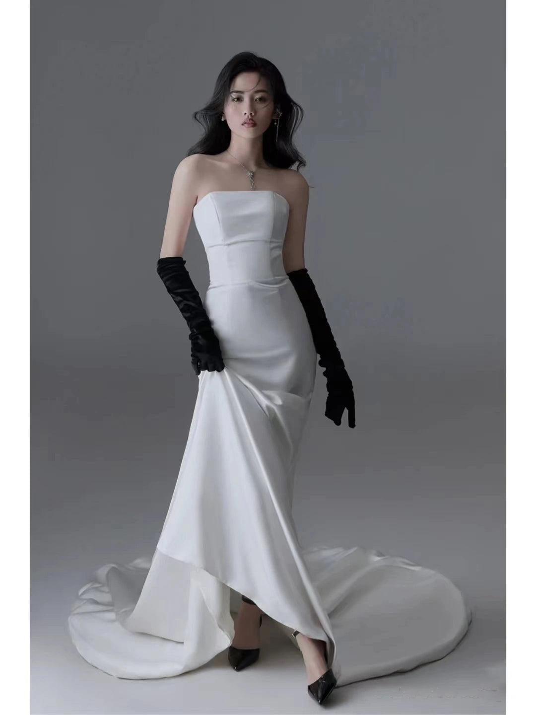 New Outdoor Bridal Gown - Sleeveless Inspired Vintage Mermaid Dress, Short White Photography Gown - ClubOn