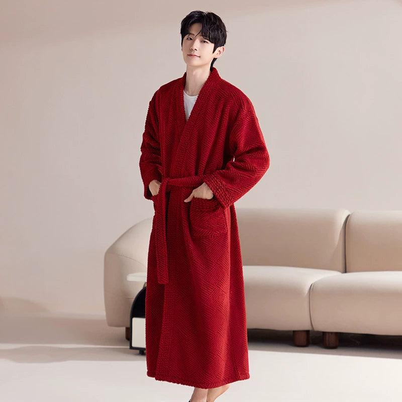 Half-Edge Velvet Nightgown Men's Autumn and Winter Thick Coral Fleece Pajamas Bathrobe - Long Home Clothes Large Size Morning Robe - ClubOn