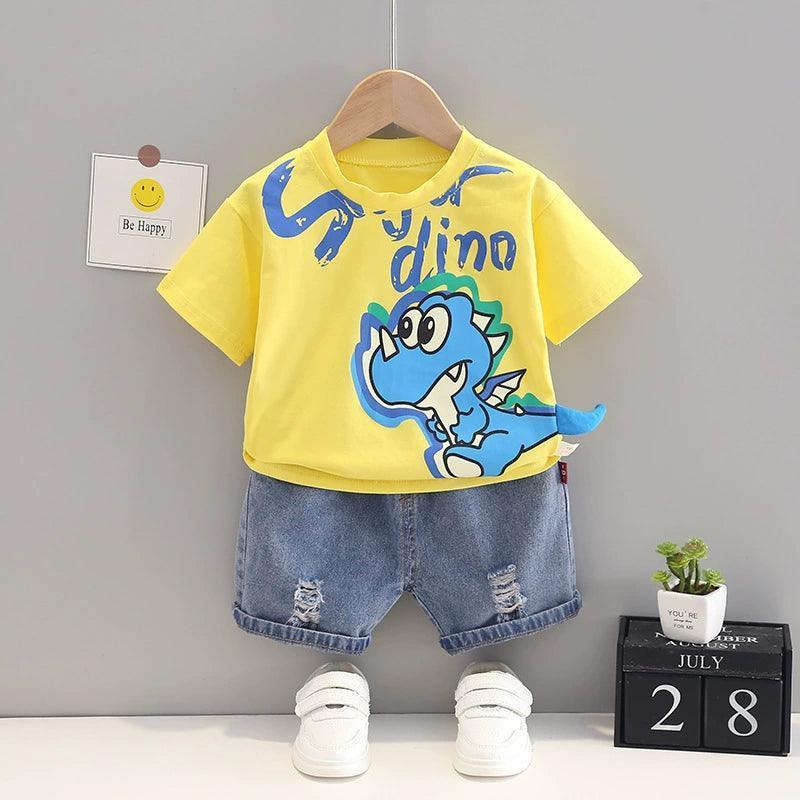 Boys Summer Dinosaur Set - Crewneck Short-Sleeved Cotton T-Shirt - ClubOn